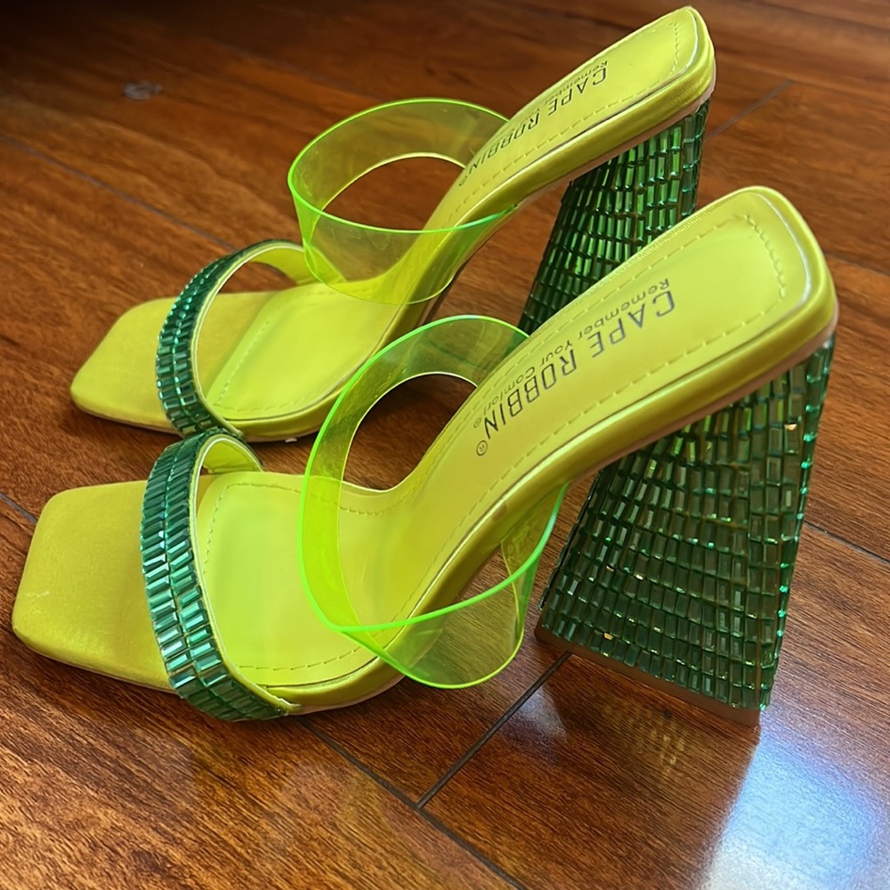 Cape Robbin Neon Lime & Emerald Block Heel Slide Sandals